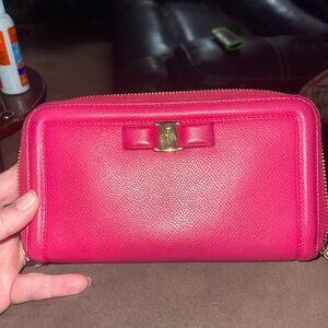 Salvatore Ferragamo Vara Ribbon Leather Zip Around Long Wallet Pink